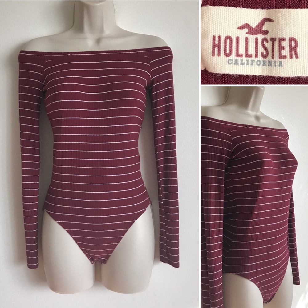 Hollister Long Sleeve Off Shoulder Burgundy Maroon Wht Stripe Leotard Bodysuit S - Picture 1 of 16